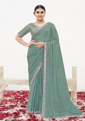 Sea Green Embroidererd Satin Silk Saree Set