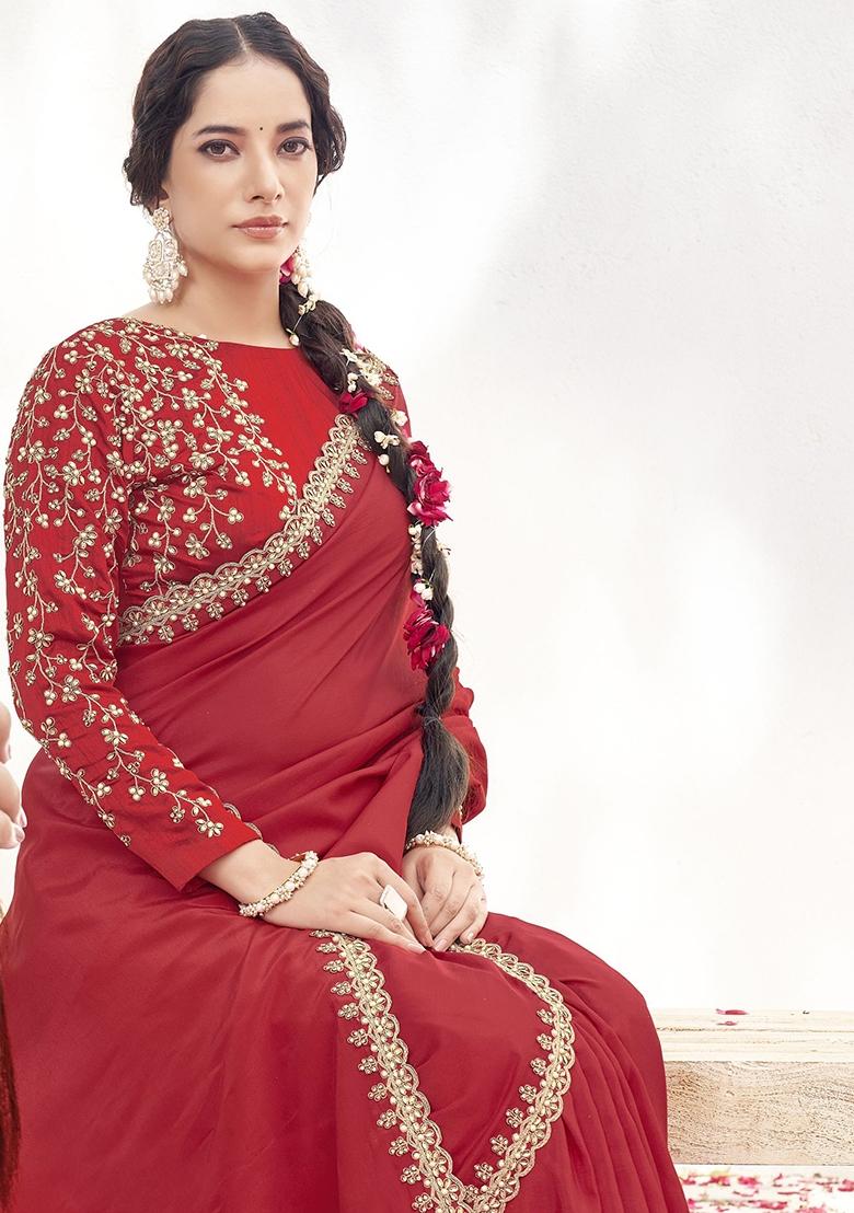 Red Embroidererd Crepe Satin Silk Saree Set