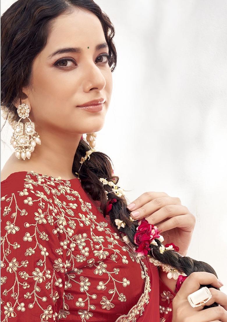 Red Embroidererd Crepe Satin Silk Saree Set