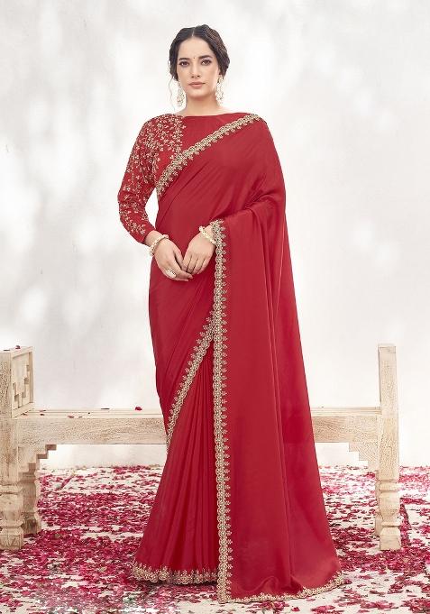 Red Embroidererd Crepe Satin Silk Saree Set