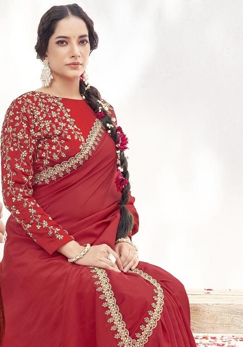 Red Embroidererd Crepe Satin Silk Saree Set