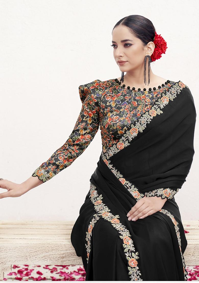 Black Embroidererd Crepe Satin Silk Saree Set