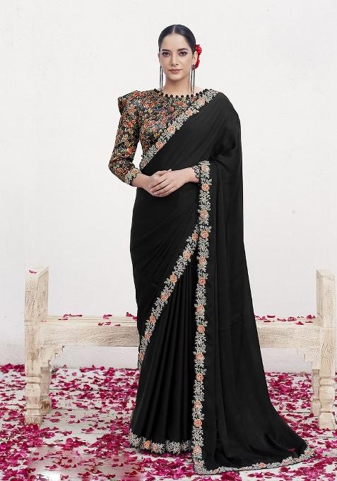 Black Embroidererd Crepe Satin Silk Saree Set