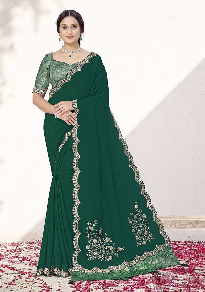 Green Embroidererd Crepe Silk Saree Set - Indya