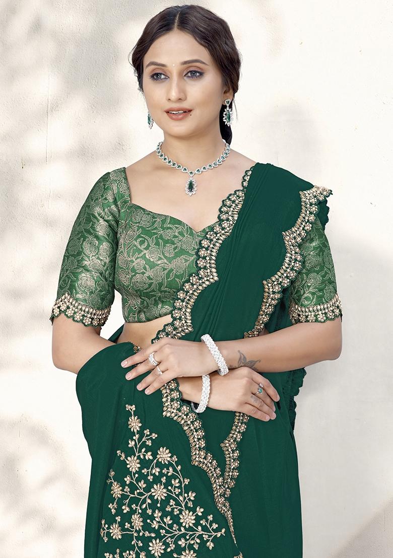 Green Embroidererd Crepe Silk Saree Set