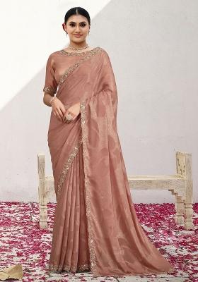 Peach Embroidererd Georgette Saree Set
