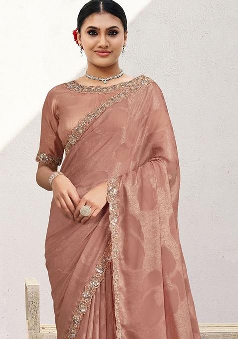 Peach Embroidererd Georgette Saree Set