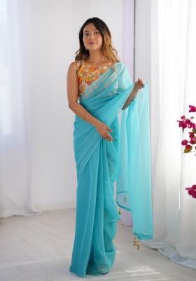 Turquoise Blue Embroidererd Organza Saree Set