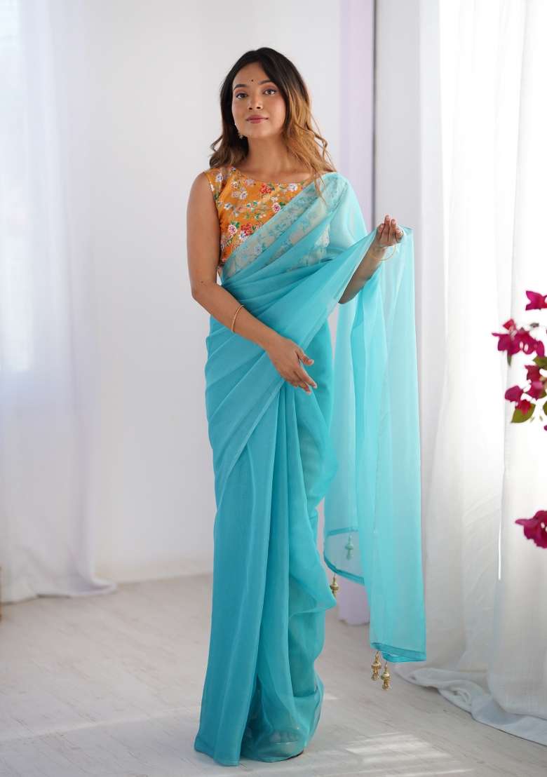 Turquoise Blue Embroidererd Organza Saree Set - Indya