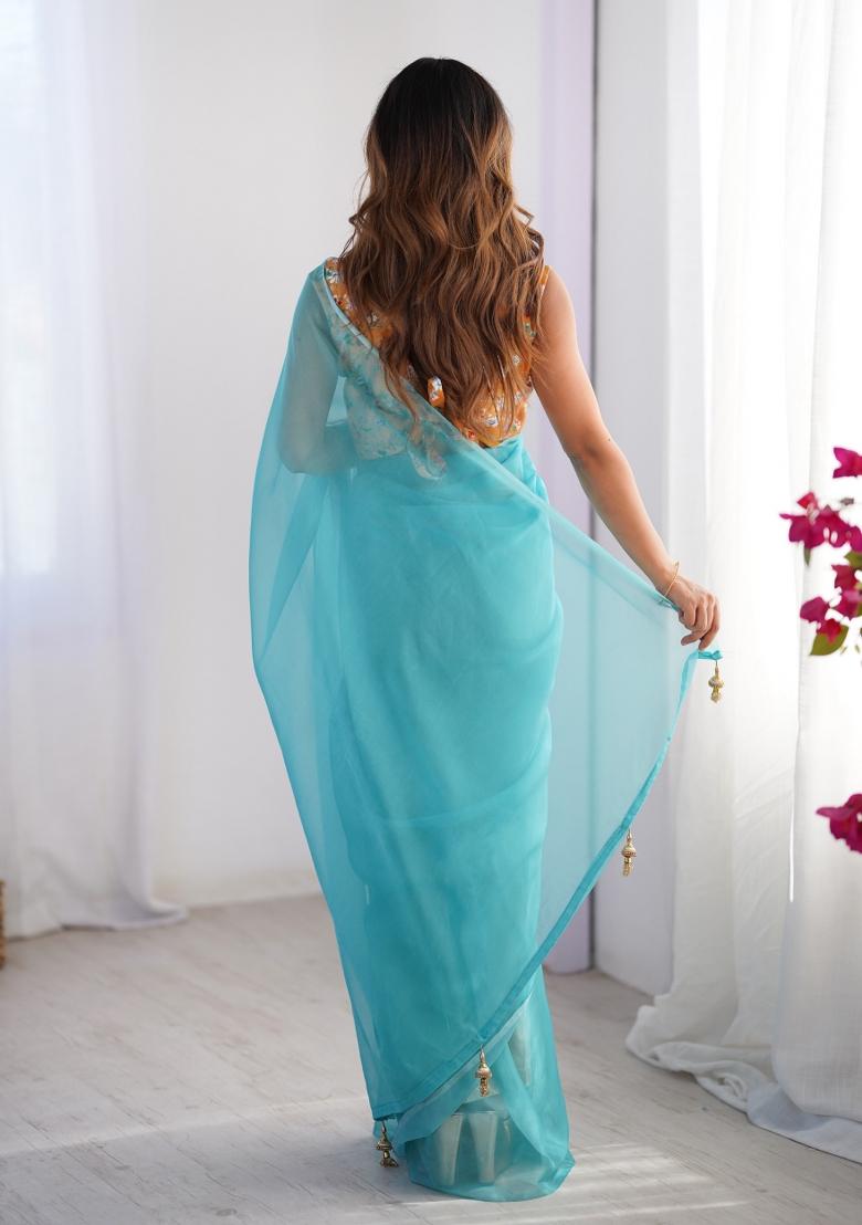 Turquoise Blue Embroidererd Organza Saree Set