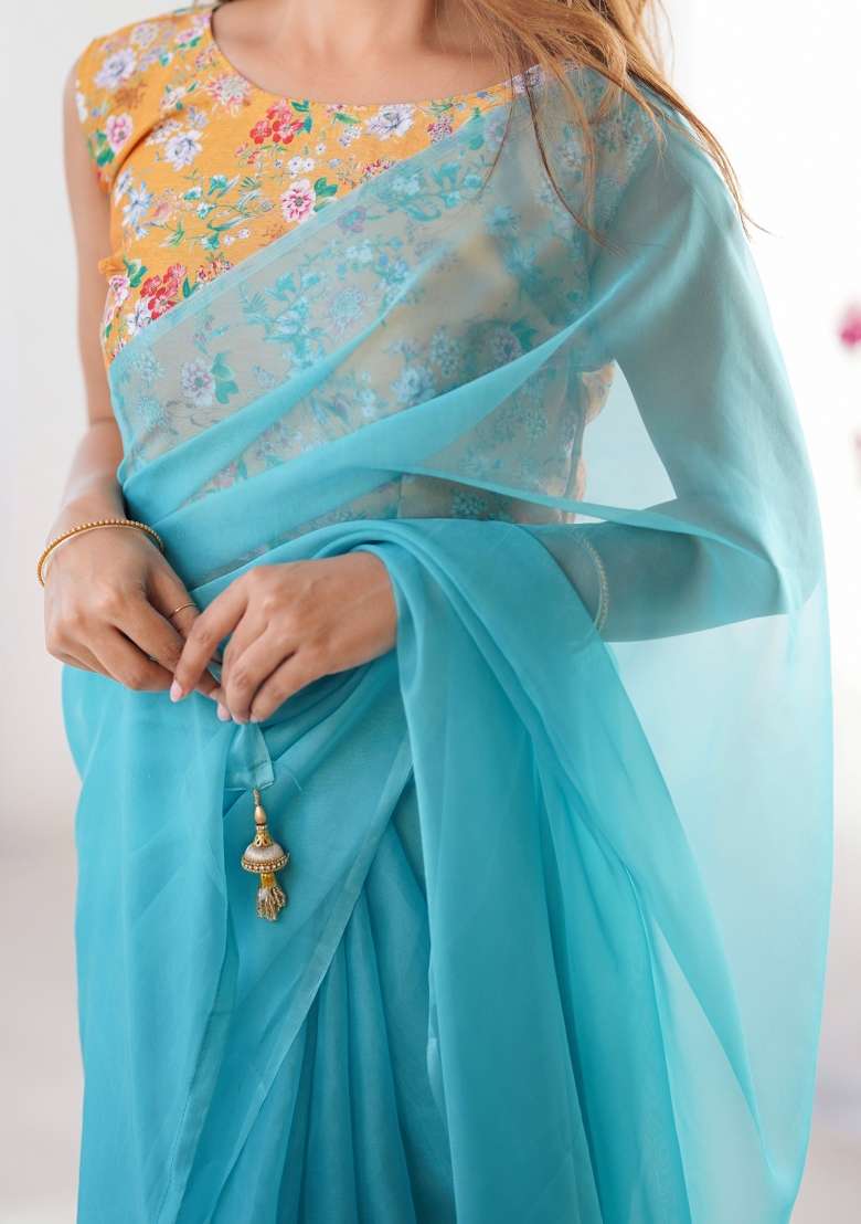 Turquoise Blue Embroidererd Organza Saree Set - Indya