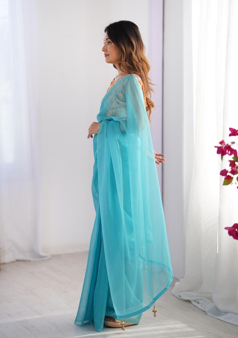 Turquoise Blue Embroidererd Organza Saree Set