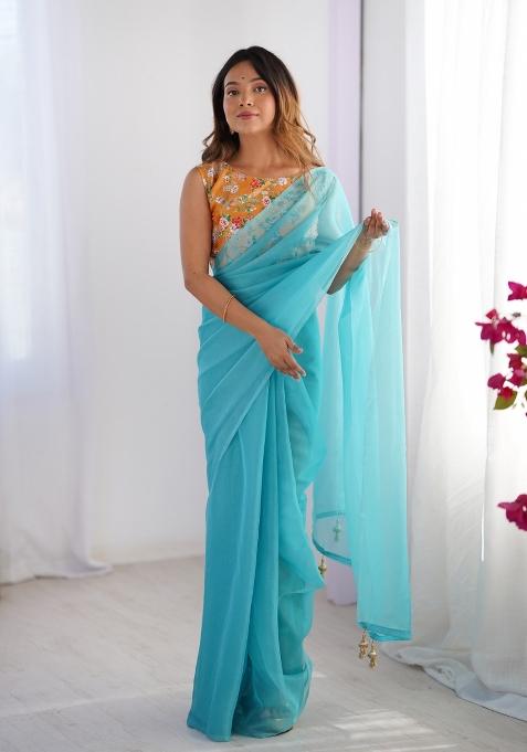 Turquoise Blue Embroidererd Organza Saree Set