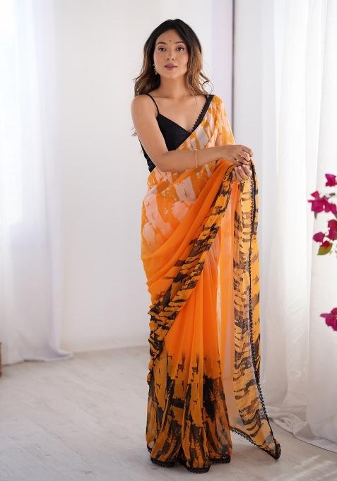 Orange Embroidererd Chiffon Saree Set