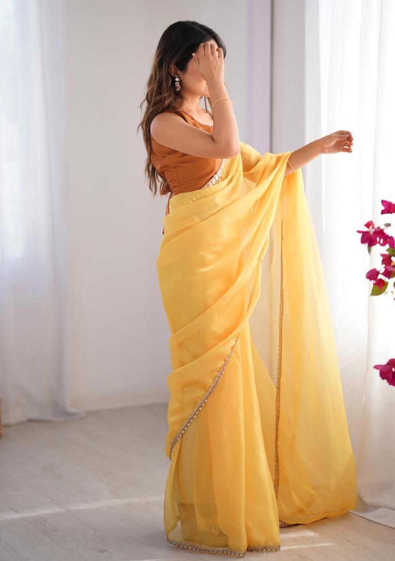 Yellow Embroidererd Chiffon Saree Set