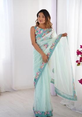 Turquoise Blue Embroidererd Organza Saree Set