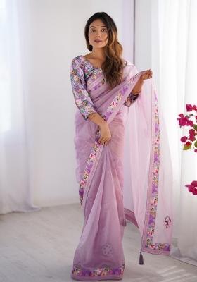 Lavender Embroidererd Organza Saree Set