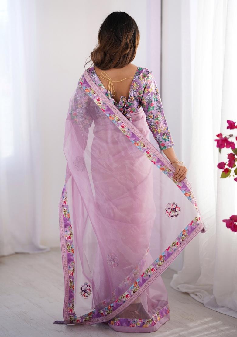 Lavender Embroidererd Organza Saree Set