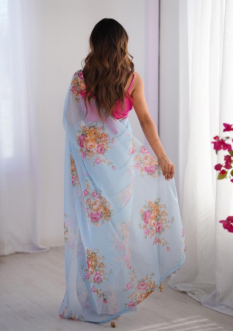 Turquoise Blue Embroidererd Organza Saree Set