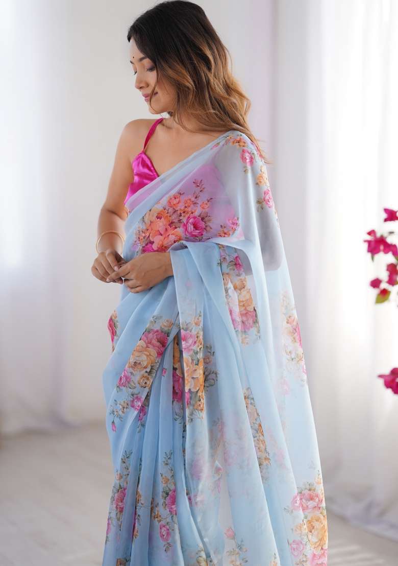 Turquoise Blue Embroidererd Organza Saree Set - Indya