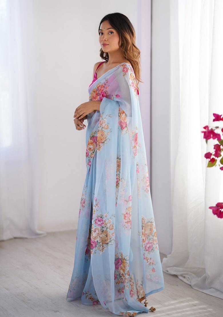 Turquoise Blue Embroidererd Organza Saree Set