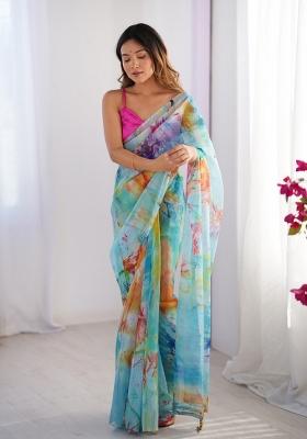 Multi Color Embroidererd Organza Saree Set