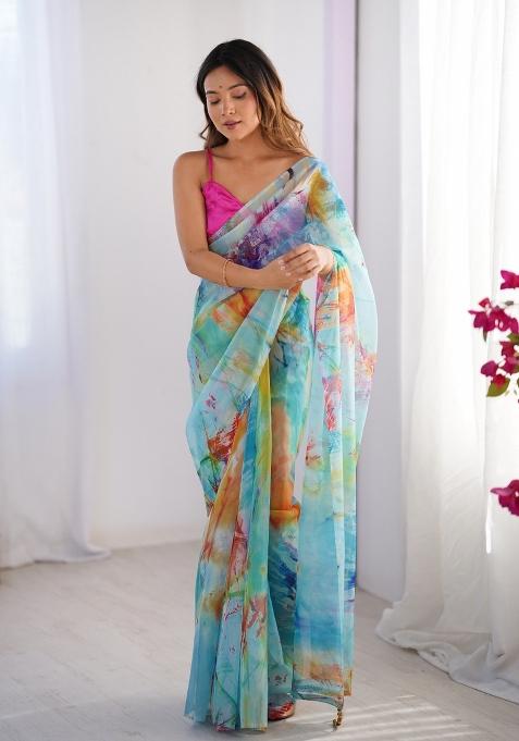 Multi Color Embroidererd Organza Saree Set