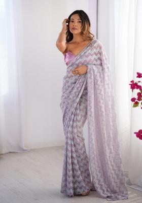 Lavender Embroidererd Lycra Saree Set