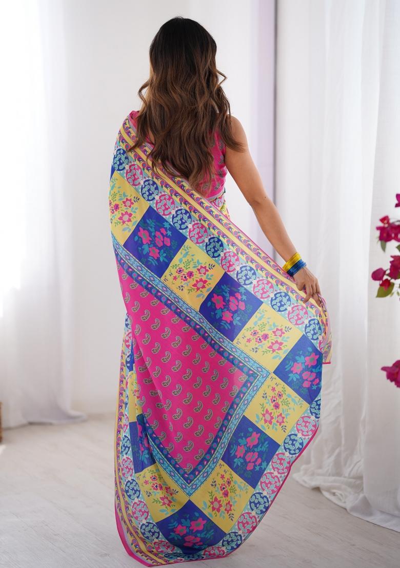 Multi Color Embroidererd Chiffon Saree Set