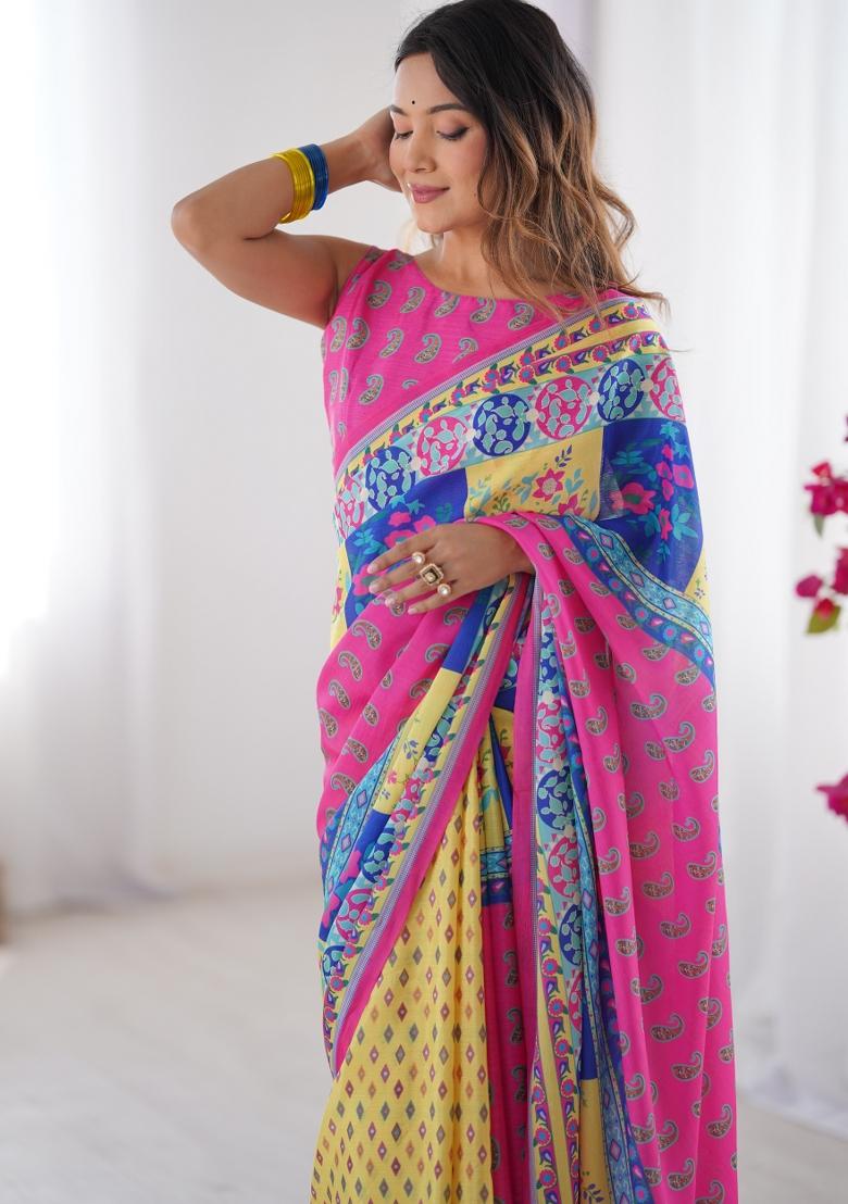 Multi Color Embroidererd Chiffon Saree Set