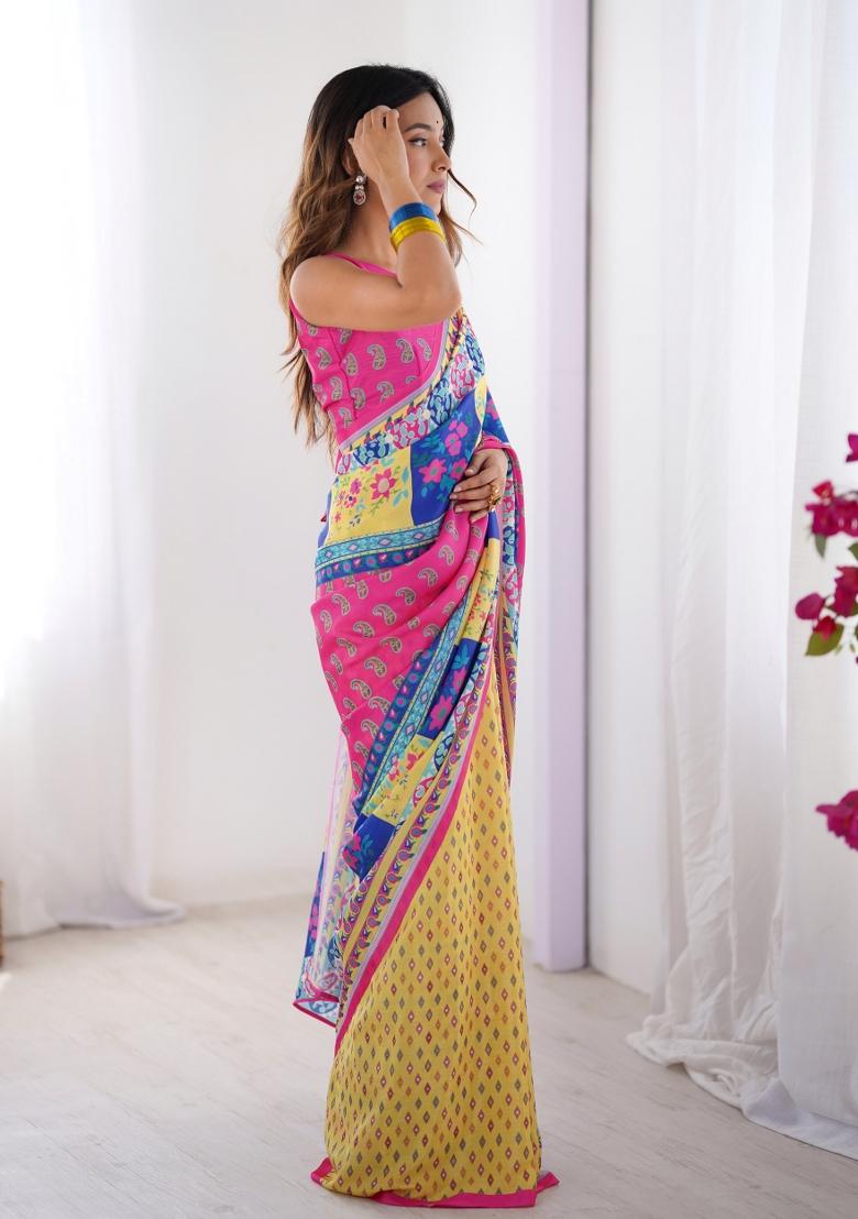 Multi Color Embroidererd Chiffon Saree Set