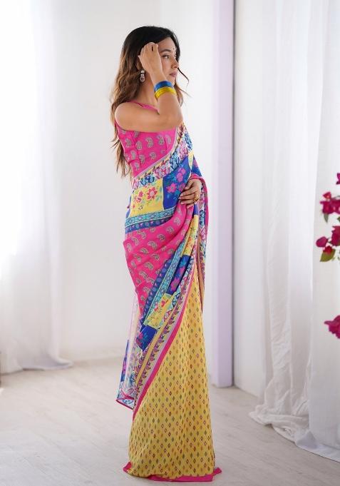 Multi Color Embroidererd Chiffon Saree Set
