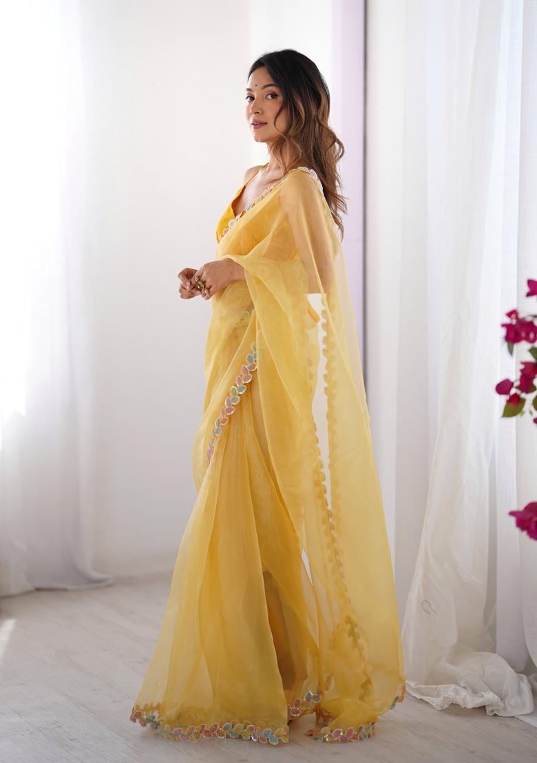 Yellow Embroidererd Organza Saree Set