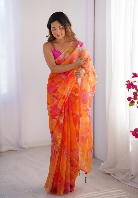 Orange Embroidererd Organza Saree Set