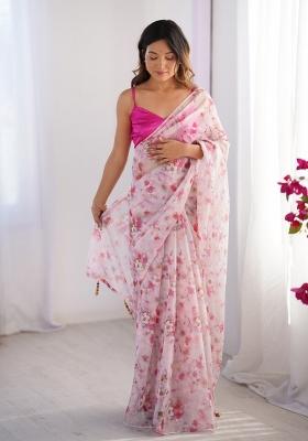 Pink Embroidererd Organza Saree Set