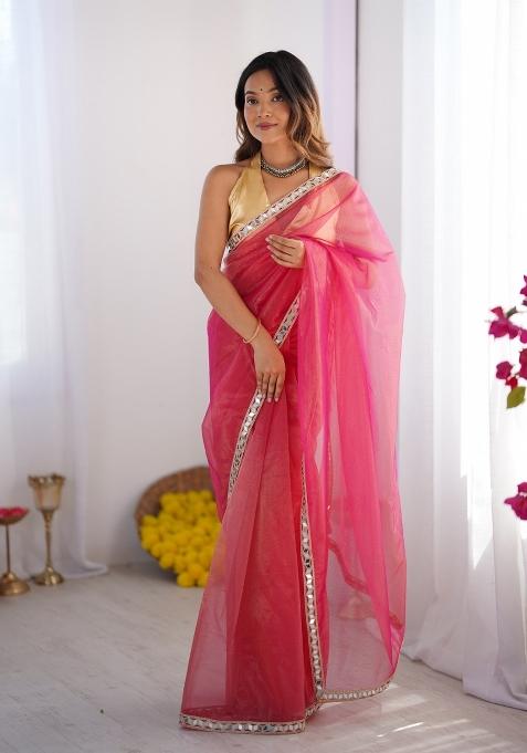 Pink Embroidererd Organza Saree Set