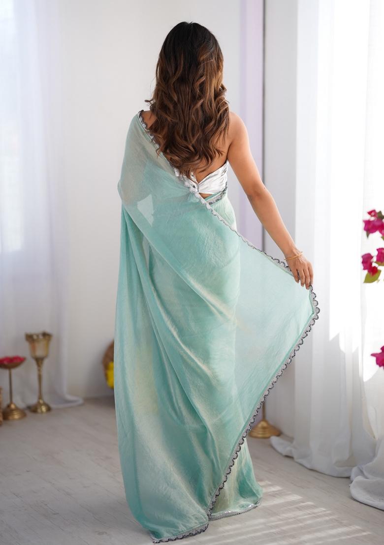 Turquoise Blue Embroidererd Organza Saree Set