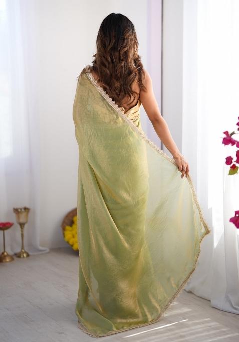 Metallic Green Embroidererd Satin Saree Set