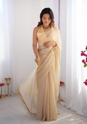 Gold Embroidererd Satin Saree Set