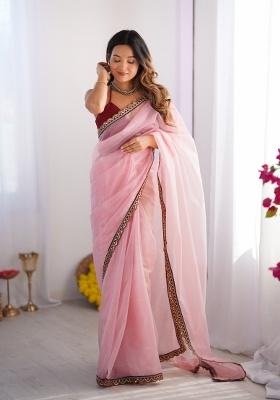 Pink Embroidererd Organza Saree Set