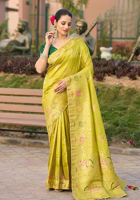 Peach Woven Design Mysore Borcade Silk Saree Set With Blouse