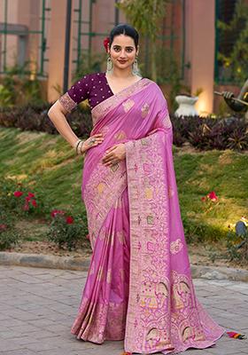 Brown Woven Design Mysore Borcade Silk Saree Set With Blouse