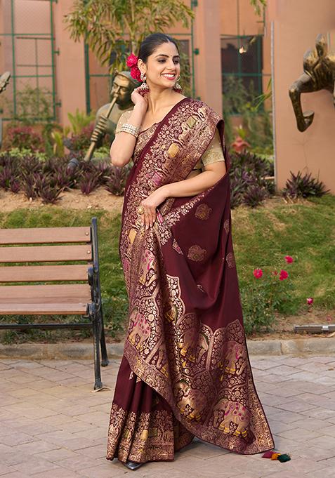 Blue Woven Design Mysore Borcade Silk Saree Set With Blouse