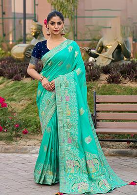 Orange Woven Design Mysore Borcade Silk Saree Set With Blouse