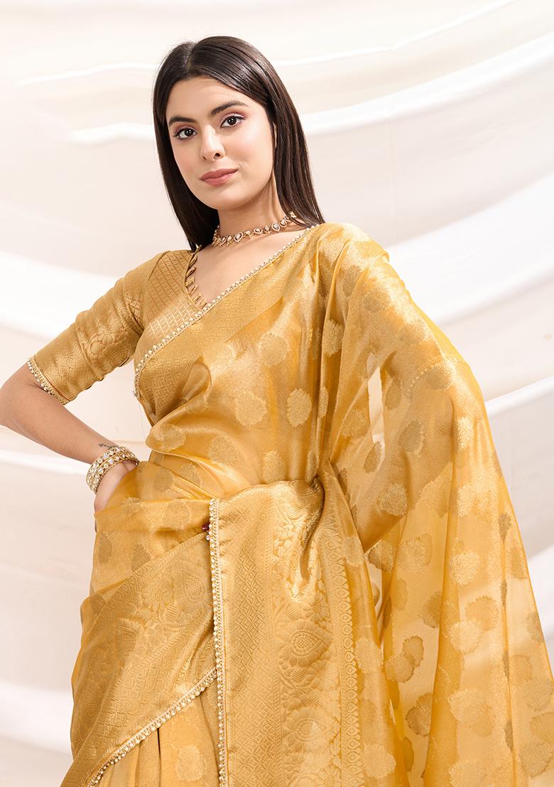 Peach Embroidered Twill Net Saree Set With Blouse