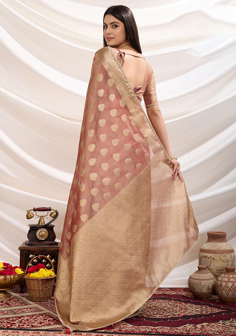 Pink Embroidered Twill Net Saree Set With Blouse