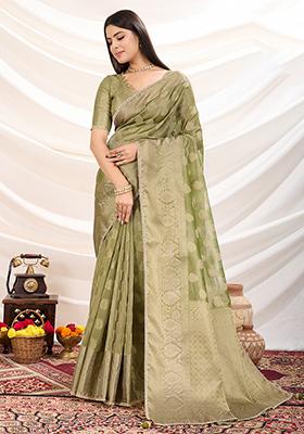 Pink Mirror Work Chinnon Saree Set With Blouse