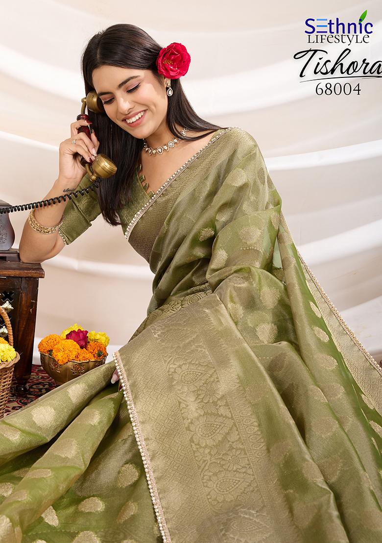 Pink Mirror Work Chinnon Saree Set With Blouse