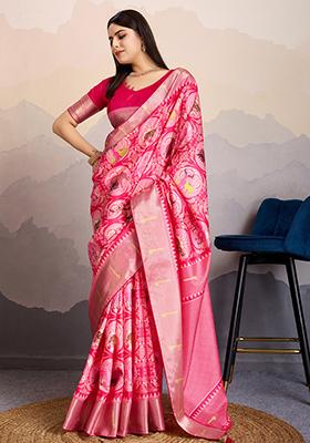 Blue Mirror Work Chinnon Saree Set With Blouse