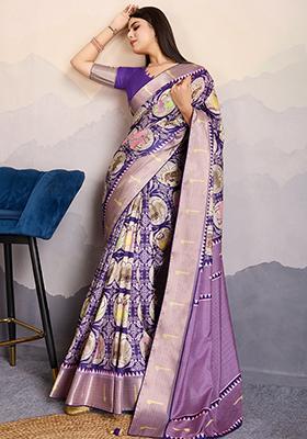 Purple Mirror Work Chinnon Saree Set With Blouse